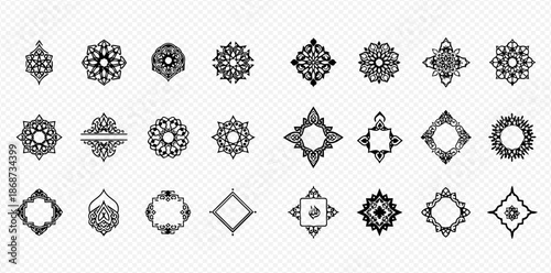 Set of intricate black and white mandala-inspired decorative design elements and frames, perfect for elegant graphic resources.