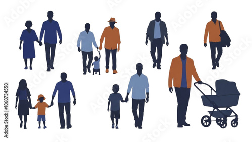 Diverse group of people walking together with children and strollers in a public area