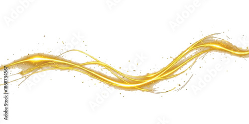 Golden light wave flowing across a white background with sparkling particles