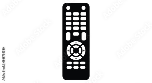 A simple black remote control with numerous buttons and a circular navigation pad silhouette