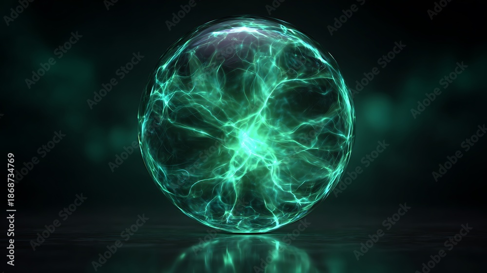 Fototapeta premium Glowing sphere of electric energy, showcasing bright teal light against a dark, blurred background