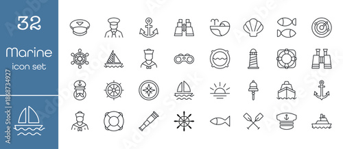 Marine icon set with nautical symbols, sailor tools, sea navigation elements and ship equipment. Clean line icons for travel, ocean, harbor, navy and maritime design projects.