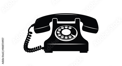 A classic black rotary telephone design is prominently displayed in a striking visual silhouette