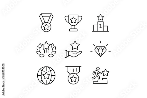 Black and white line icons depicting various symbols of achievement and success award