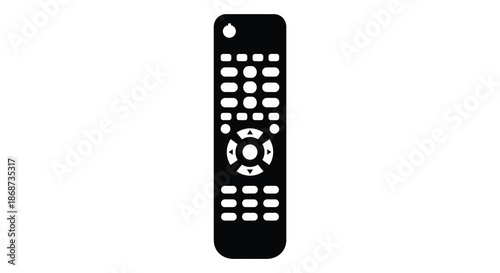 A sleek black television remote control displaying numerous buttons and a minimalist aesthetic silhouette