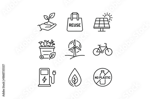 Eco friendly and sustainable living icons including reuse and solar power ecological ecofriendly