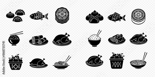 Set of various traditional Chinese food icons, including dumplings, fish, rice, chicken, and noodles.