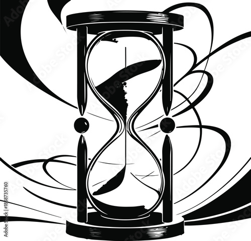 Black and white line art of an hourglass transforming into flowing sand lines, modern abstract vector illustration 1