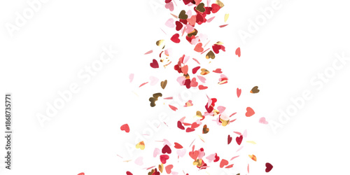 A shower of small heart-shaped confetti in various shades of red and pink falling against a white background.