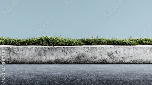 A minimalistic depiction of a concrete curb with grass and asphalt against a serene blue sky backdrop
