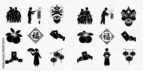 Chinese New Year celebration icons set, traditional cultural symbols and festive elements.