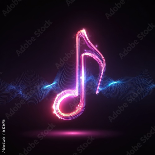 Neon musical note illustration on dark background for artistic design