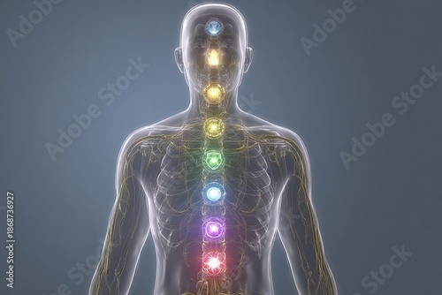 semi-transparent human body showing anatomy and chakra points, spine and nervous system visible