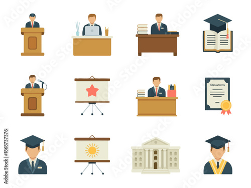 A collection of cartoon illustrations depicting education and learning concepts, including graduation, lecturing, and academic achievement.