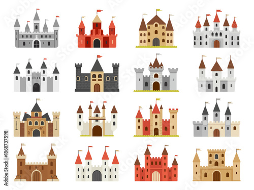 A collection of various cartoon castles and fortresses in different colors and styles