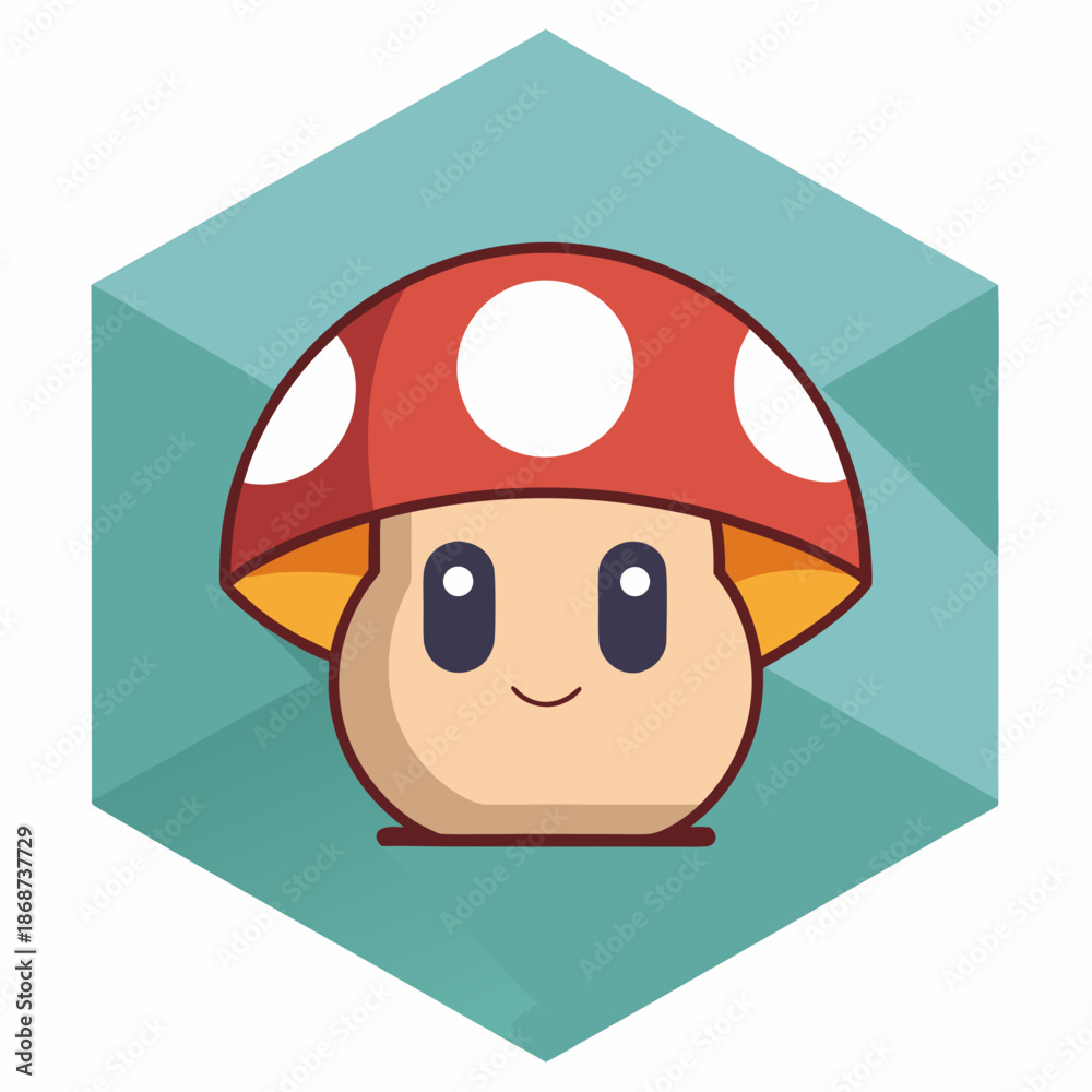 Naklejka premium Title: A cartoon character with a red mushroom cap and a smiling face on a turquoise geometric