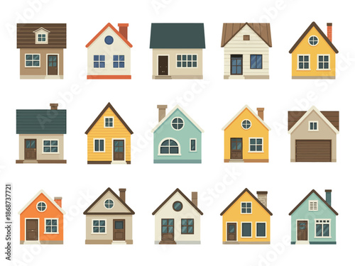 A collection of colorful cartoon houses in various styles and designs on a white background