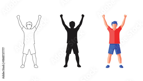 Collection of stylized male figures showing a triumphant victory pose with raised arms illustrating success celebration or athletic achievement across various graphic formats