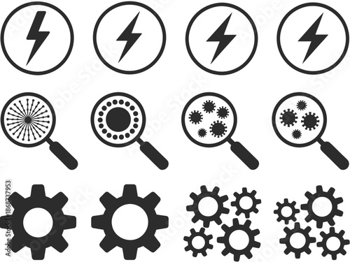 A collection of black and white icons representing various concepts such as energy, inspection, and mechanics