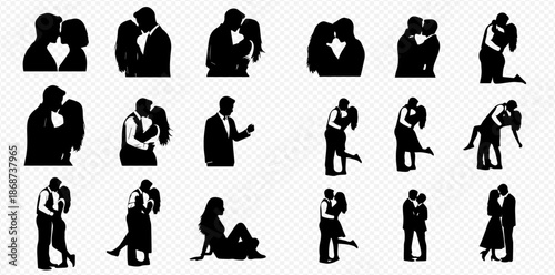 Collection of romantic couple silhouettes showing affection, kissing, and embracing in various poses.