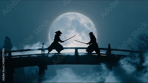 A nighttime scene of two figures engaged in a sword fight on a bridge with a large moon behind them