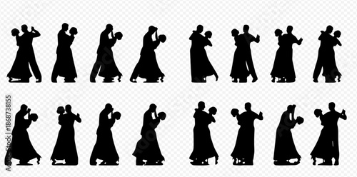 Silhouettes of couples ballroom dancing in various poses, showcasing elegant movement and partnership.
