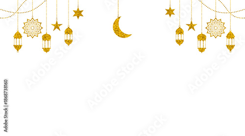 Luxury Golden Ramadan Kareem Islamic background with hanging ornaments and lantern. 