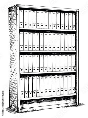 Hand drawn line art illustration of a full bookshelf depicting organized binders for office document storage
