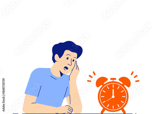A stressed man waking up to an alarm clock ringing loudly on his bedside table