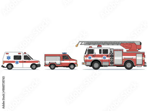 An illustration of emergency vehicles including an ambulance, fire truck, and rescue truck.