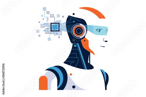 A futuristic illustration of a humanoid robot with a circuit board and microchip in its head, surrounded by abstract shapes and lines.