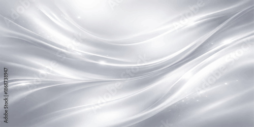 Abstract blue background with flowing white waves creates a soft silk texture and smooth liquid motion in a curved satin fabric design for a light wallpaper backdrop