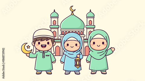Cartoon Muslim Children Celebrating Ramadan with Mosque Background.