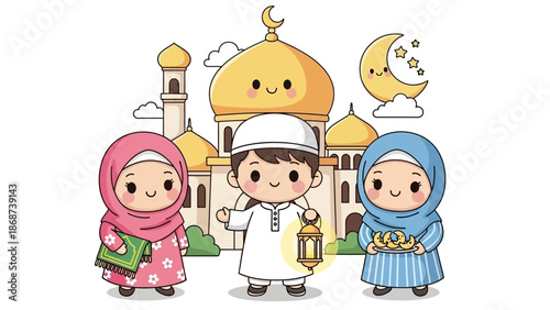 Cartoon Muslim Children Celebrating Ramadan with Mosque Background.