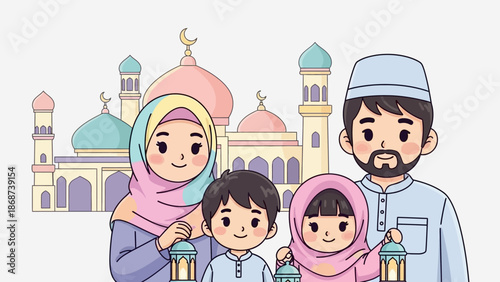 Cartoon Muslim family celebrating Eid in front of a mosque.