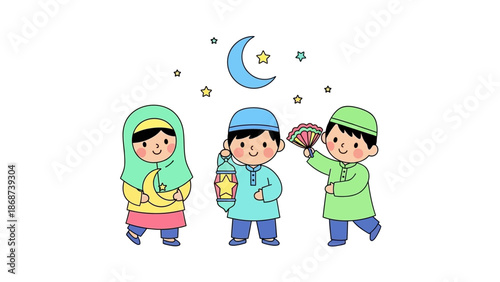 Children Celebrating Ramadan with Lanterns and Dates Under Crescent Moon.
