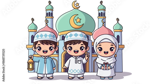 Cute Muslim Children Celebrating Ramadan in Front of Mosque Cartoon.