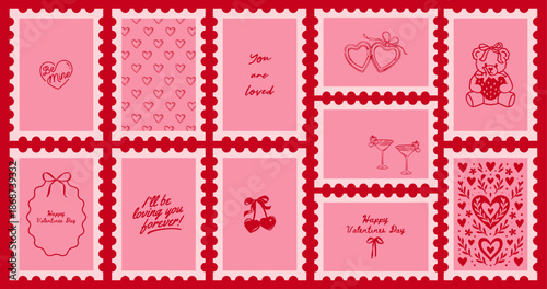 Valentine’s Day Stamp and Sticker Set in Vintage Style Featuring Cupid, Cake, Cherry, Bow, and Romantic Doodle Illustrations – Vector Illustration Pack