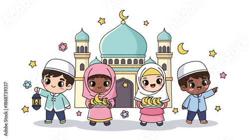 Diverse Children Celebrating Ramadan with Mosque Background.