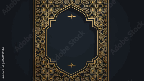 Elegant Islamic Frame with Intricate Gold Pattern and Dark Background.