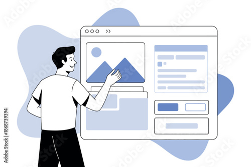 A man interacting with a large computer screen displaying a photo editing interface with a mountain image.