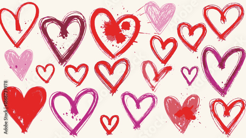 Collection of Hand-Drawn Red and Pink Grunge Hearts with Brush Strokes on a Textured Background