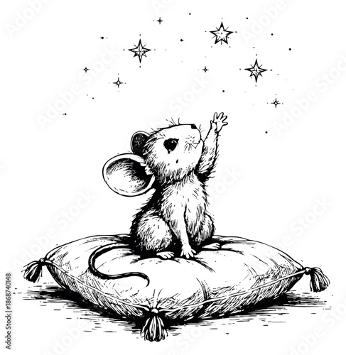 Hand drawn line art illustration of a mouse depicting reaching for stars for whimsical dreams