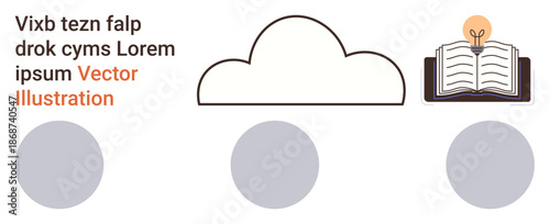 Education, cloud storage, creativity, data organization, brainstorming, learning ideas. Open book with a bulb, cloud icon and placeholder circles with lorem ipsum text. Education and cloud storage