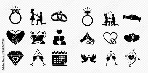 Wedding and engagement icon set with rings, hearts, proposals, and romantic symbols.