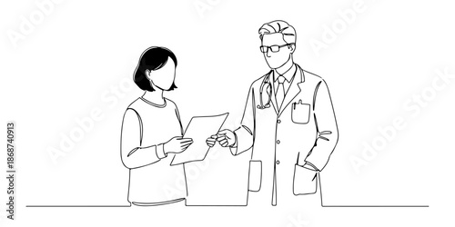 Continuous one line of a patient showing medical history to a doctor, representing collaboration in healthcare, drawn vector illustration.