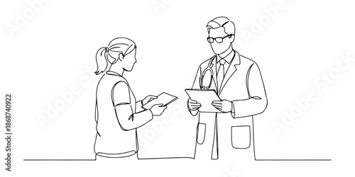 Continuous one line of a patient showing medical history to a doctor, representing collaboration in healthcare, drawn vector illustration.