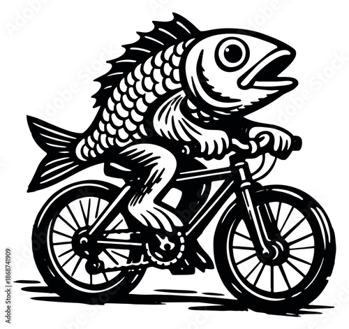 Graphic illustration of a fish depicting riding a bicycle for a humorous design