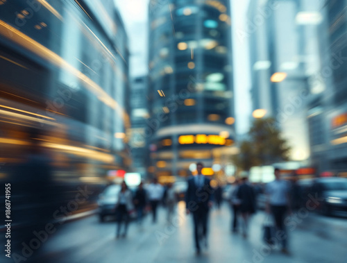 Wallpaper Mural Dynamic motion blur on a bustling city street with blurred business people walking amidst modern skyscrapers and urban traffic, capturing the fast pace of city life. Torontodigital.ca