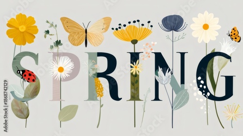 Spring lettering composed of botanical elements, garden insects, and diverse blossoms, representing the beauty and vibrance of the season